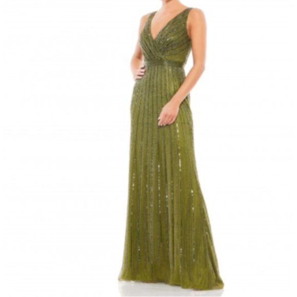 MAC DUGGAL 5219D BEADED V-NECK OLIVE GOWN sz 14 - Picture 1 of 9